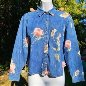 blue denim button down with flowers on it ♥️
